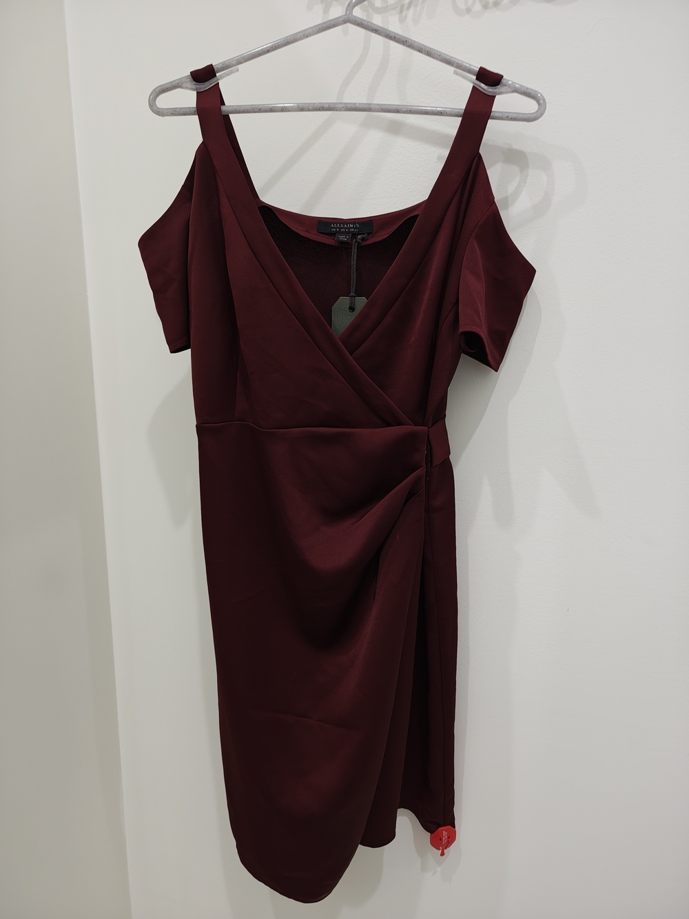 All Saints "Cadia" One-Shoulder Wrap Sheath Dress in Merlot - Picture 2 of 9